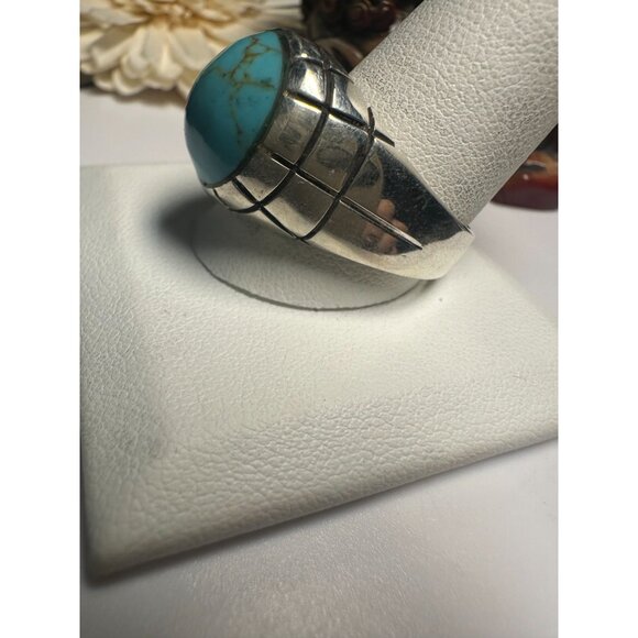Sterling Silver Turquoise Stone Ring By Malesis Size 13 With Unique Grid Design - Picture 3 of 7